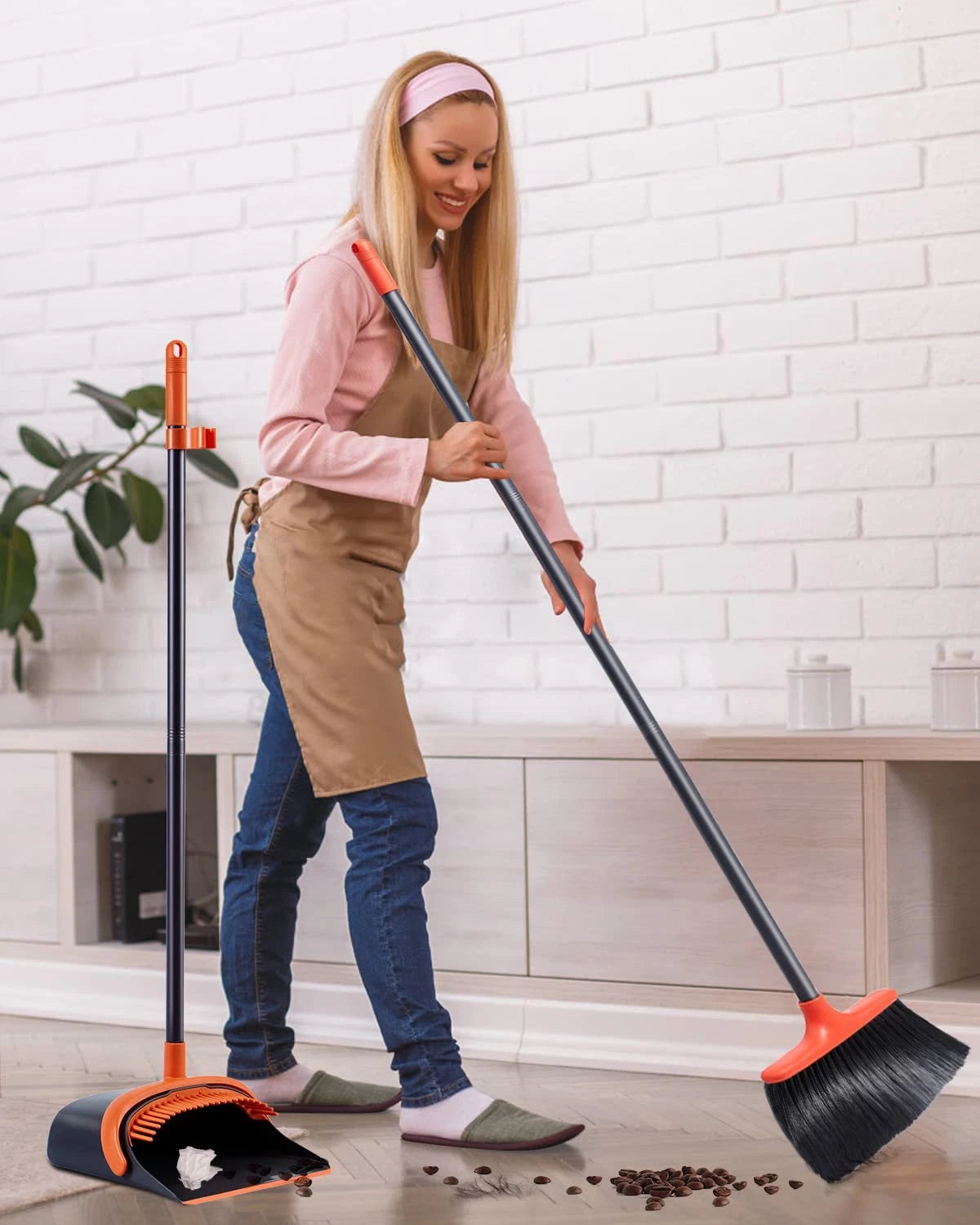 Broom and Dustpan Set for Home, Long Handle Broom with Dustpan Combo Set Dustpan