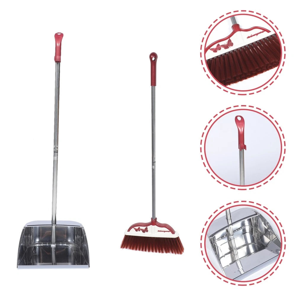 2 Sets Stainless Steel Broom Dustpan and Standing Office Sweeper
