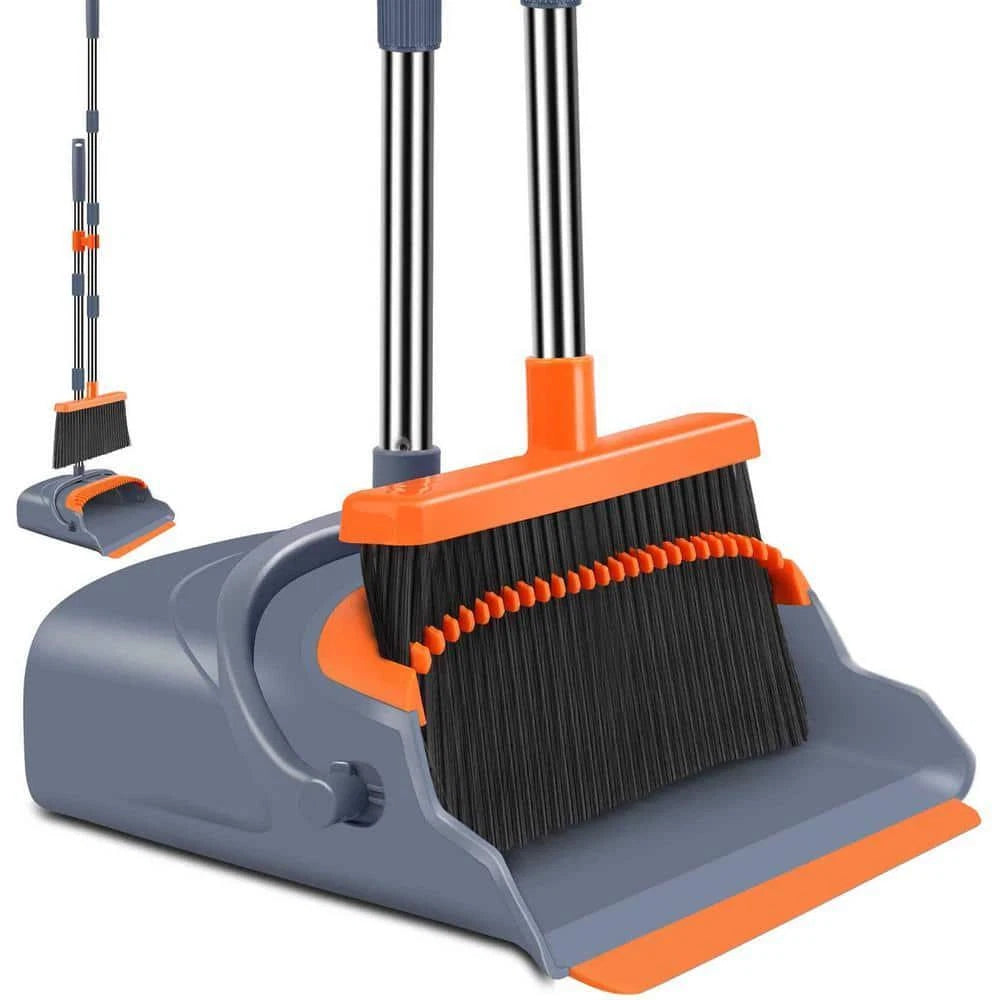 Unbranded Clip-On Upright Broom + Dustpan Set Stainless Steel Handle Gray/Orange