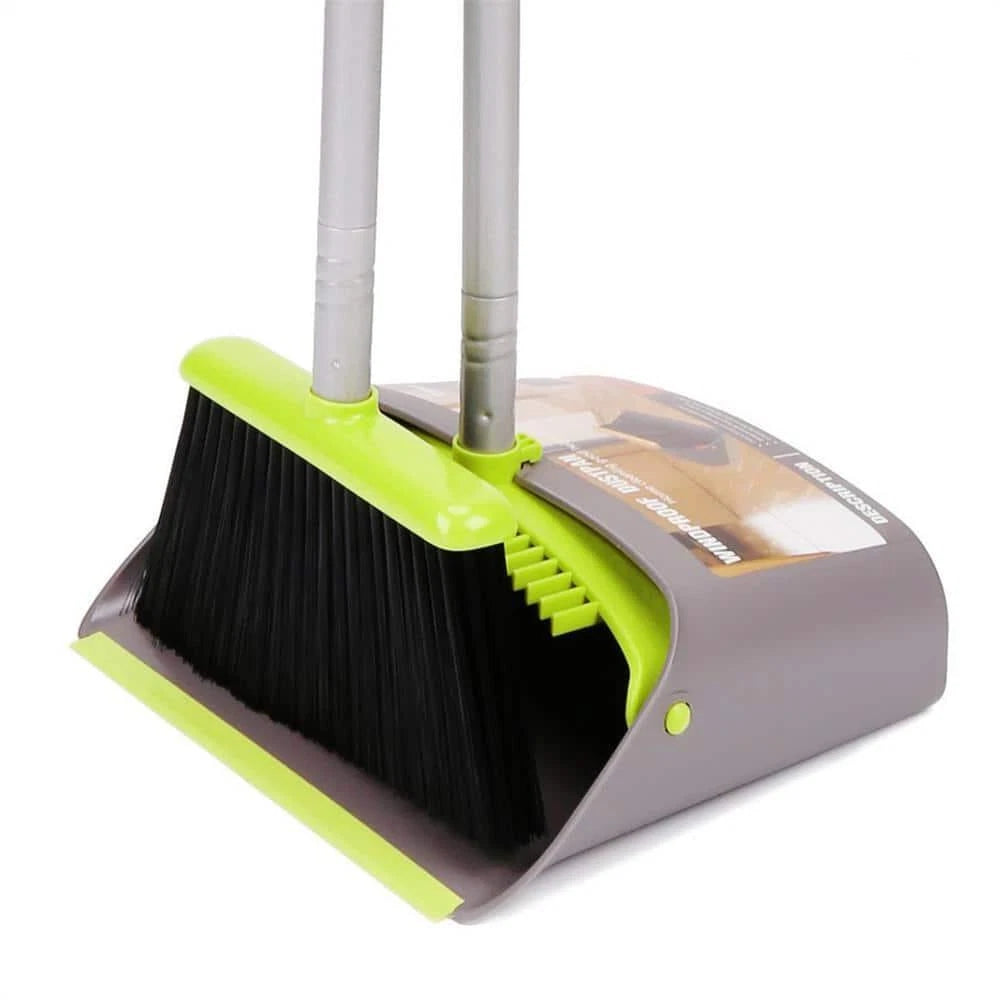Unbranded Upright Broom + Dustpan Set Built-In Scraper Compact Plastic Green