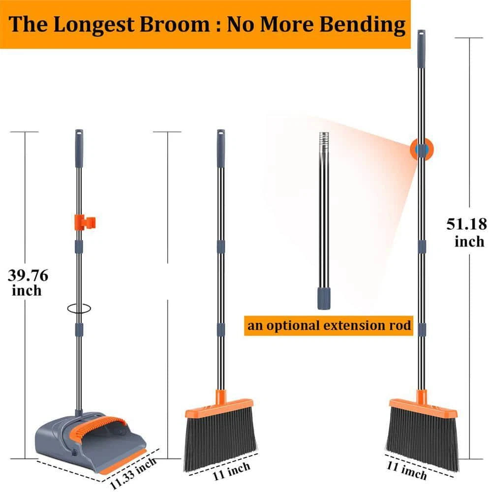 Unbranded Clip-On Upright Broom + Dustpan Set Stainless Steel Handle Gray/Orange