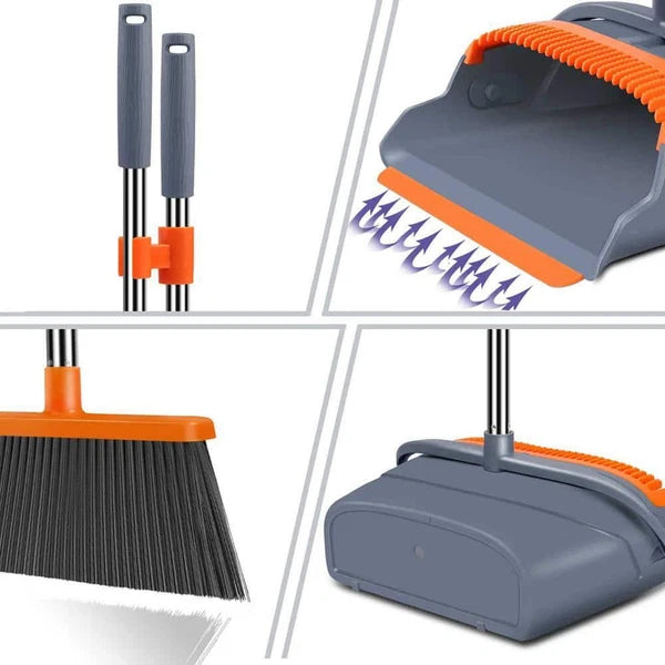 Unbranded Clip-On Upright Broom + Dustpan Set Stainless Steel Handle Gray/Orange
