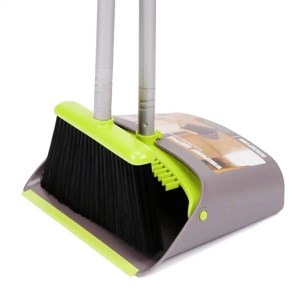 Unbranded Upright Broom + Dustpan Set Built-In Scraper Compact Plastic Green