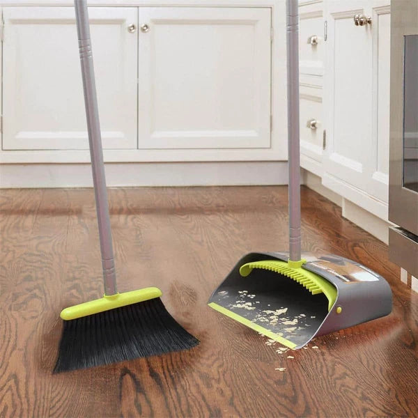 Unbranded Upright Broom + Dustpan Set Built-In Scraper Compact Plastic Green